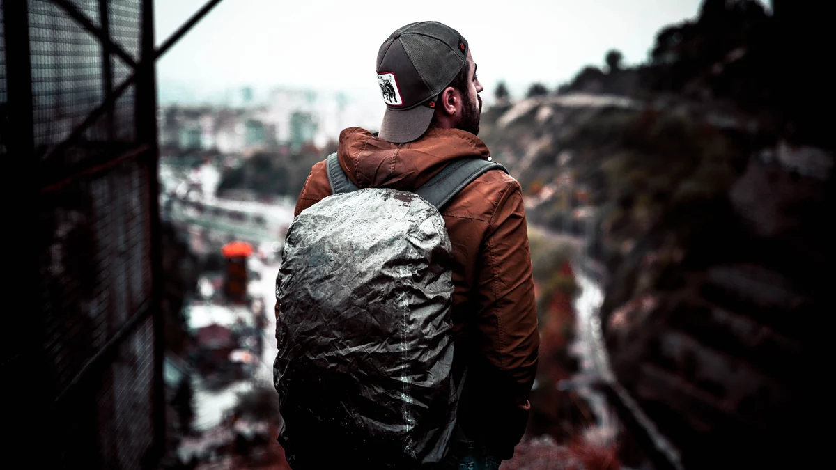 A traveller with a backpack overlooking a city