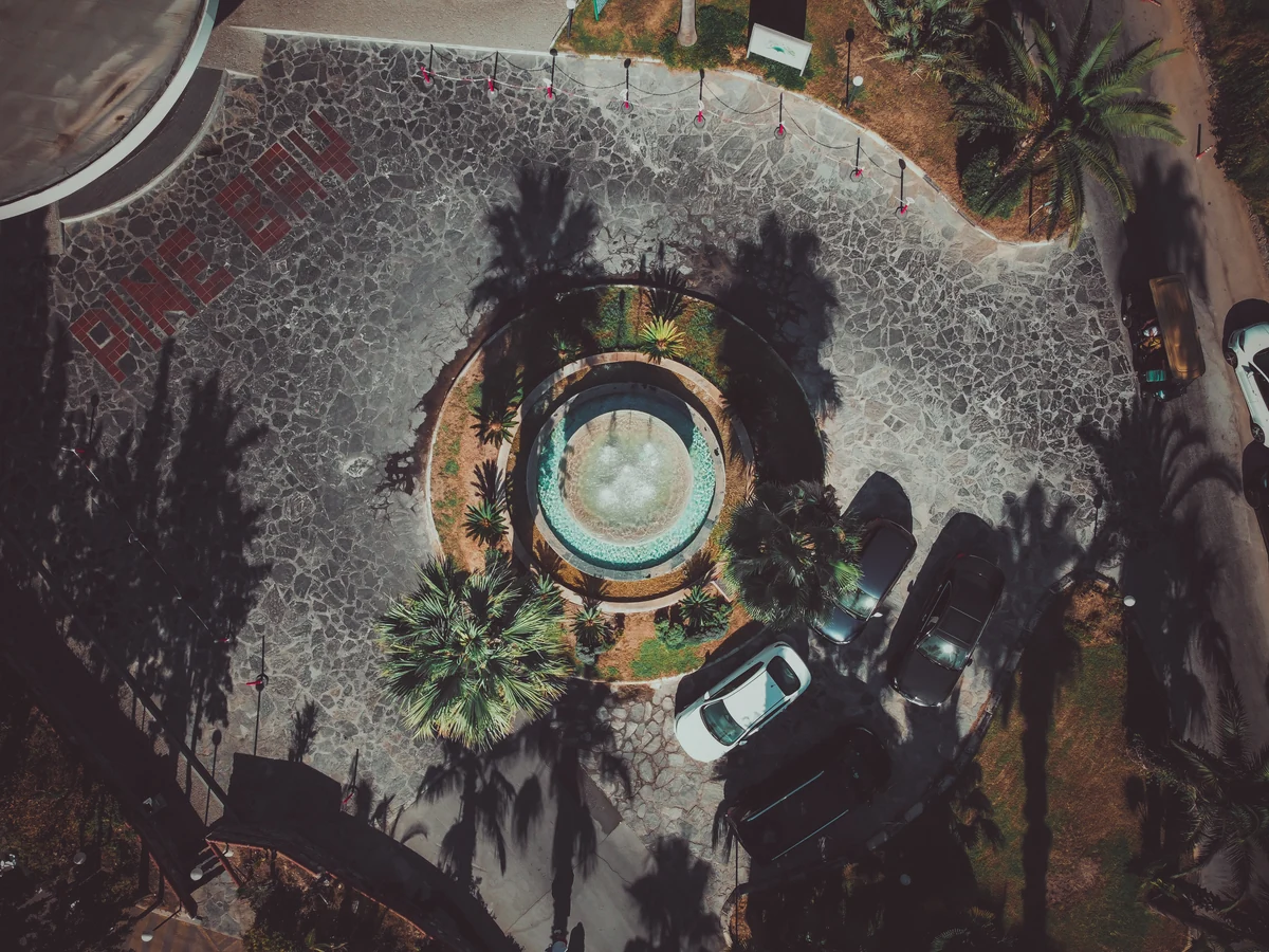 An overhead view of a circular fountain and palm tree shadows